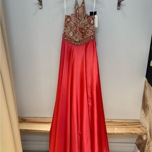 Sherri Hill Red and Gold Embellished Prom Dress